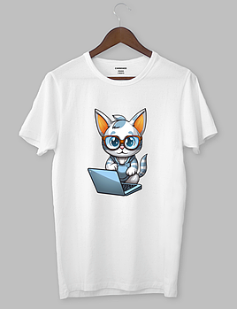 Футболка з прикольним дизайном «котик в окулярах за ноутбуком»