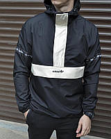 Чоловічий чорний анорак Adidas з плащової тканини осінній весняний, Демісезонна вітровка анорак Адідас чорна