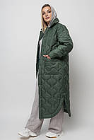 Жіноче темно-зелене демісезонне пальто стьобане довге на ситепуху 200 великих розмірів