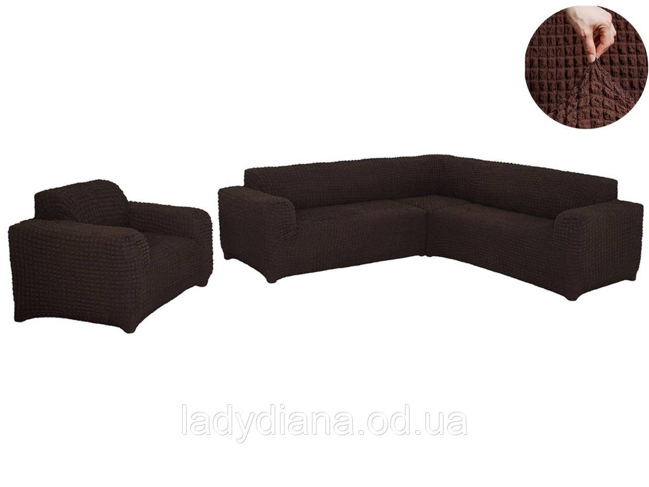Чохол на кутовий диван та крісло без оборки, натяжний, жатка-креш, універсальний Concordia