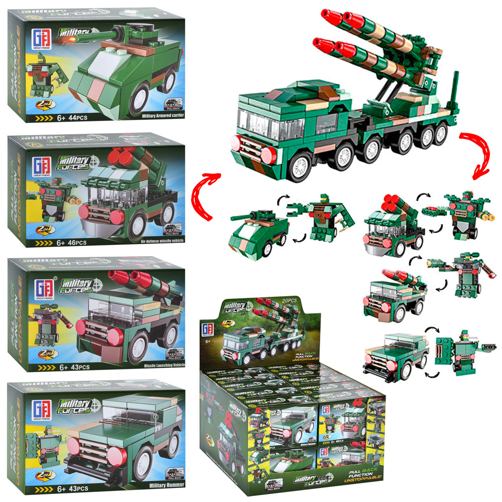 Конструктор військовий транспорт, від 43 подітий, 20шт(4 види) в дисплеї 123-417/420, фото 1