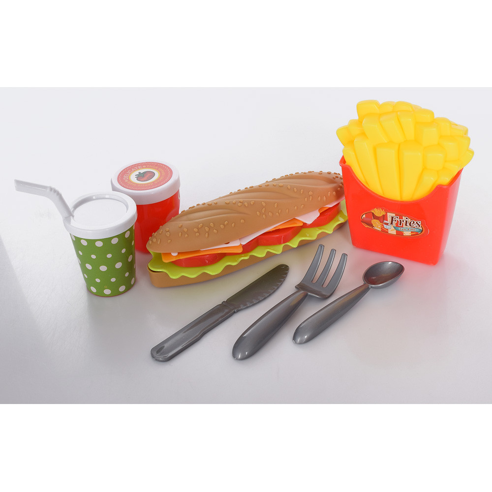 Продукти іграшкові фастфуд, картопля, сендвіч, ніж, ложка, вилка, 2 склянки 2020-8B, фото 1