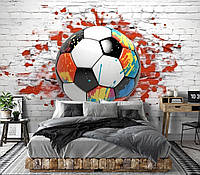 Флизелиновые детские 3д фотообои мальчику 460x300 см Футбольный мяч в ярких цветах на фоне кирпича (14688V12)