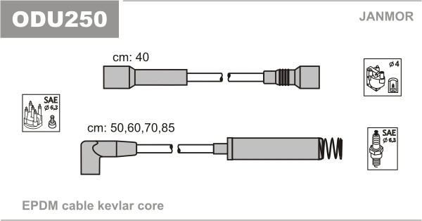 Дроти запалювання JanMor ODU250 для OPEL CORSA A 1,2 I двиг. C 12 NZ, 1,6 GSI двиг. E 16 SE, C 16 SEI, KADETT E 1,6 двиг. 16 SV,, фото 1