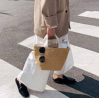 Элегантная плетеная соломенная дамская сумка с белыми ручками мягкая 29*22*18*11см