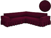 Чехол на угловой диван жаккардовый с оборкой, натяжной, универсальный,бордо, Venera