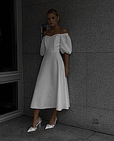Вечернее белое платье миди, платье с открытыми плечами