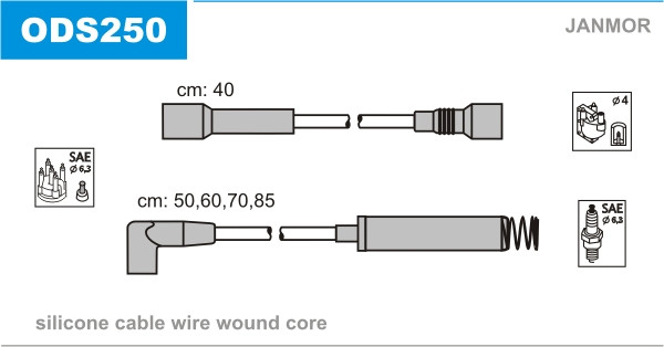 Дроти запалювання JanMor ODS250 для OPEL CORSA A 1,2 I двиг. C 12 NZ, 1,6 GSI двиг. E 16 SE, C 16 SEI, KADETT E 1,6 двиг. 16 SV,, фото 1