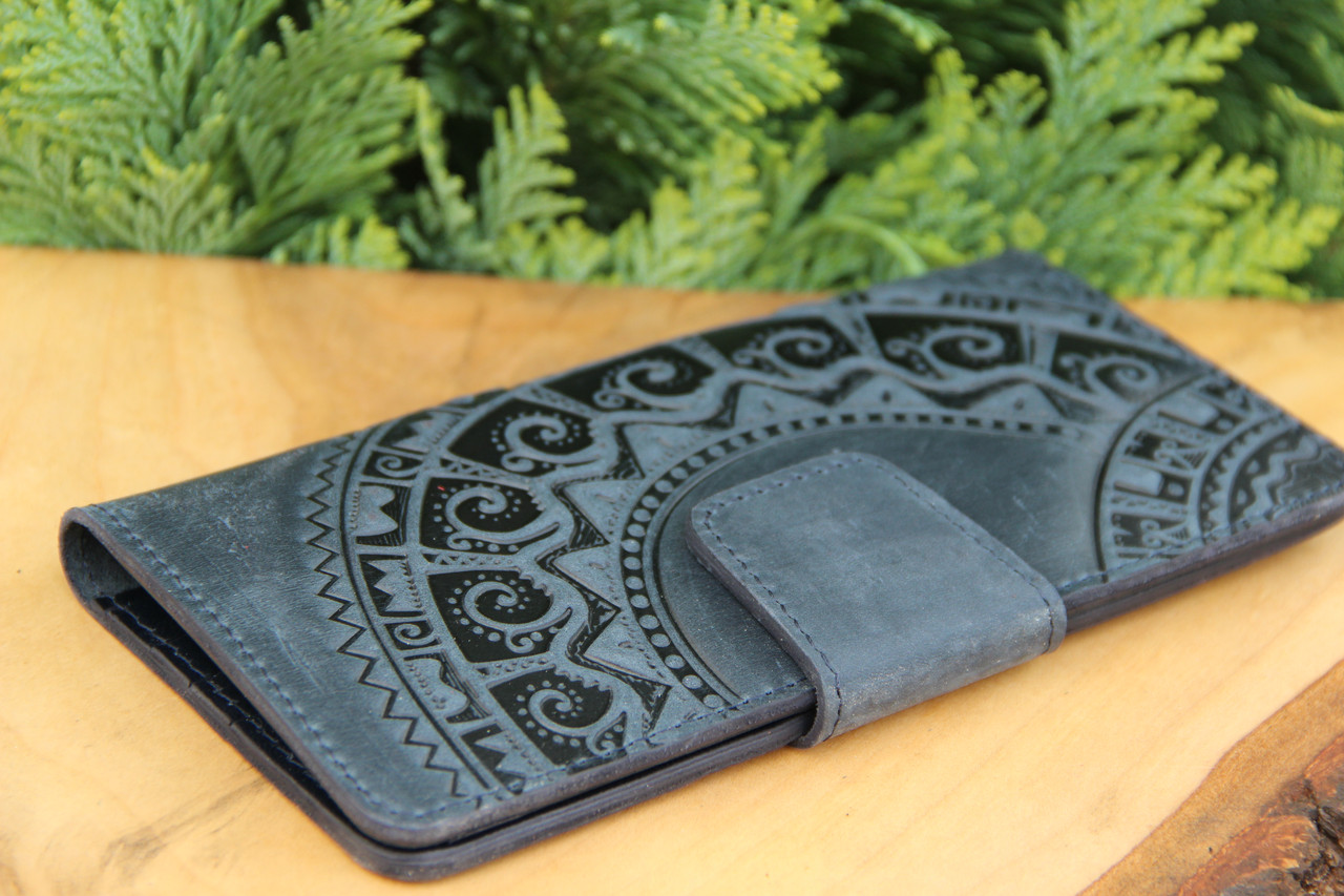 Шкіряний гаманець з тисненим орнаментом "Етно", синього кольору, ручна робота, 21х11 см, фото 1