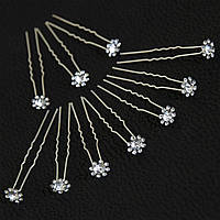 Шпилька для волос серебристого цвета с белыми стразами диаметр цветочка 11 мм длина 6,5 см упаковка из 10 шт