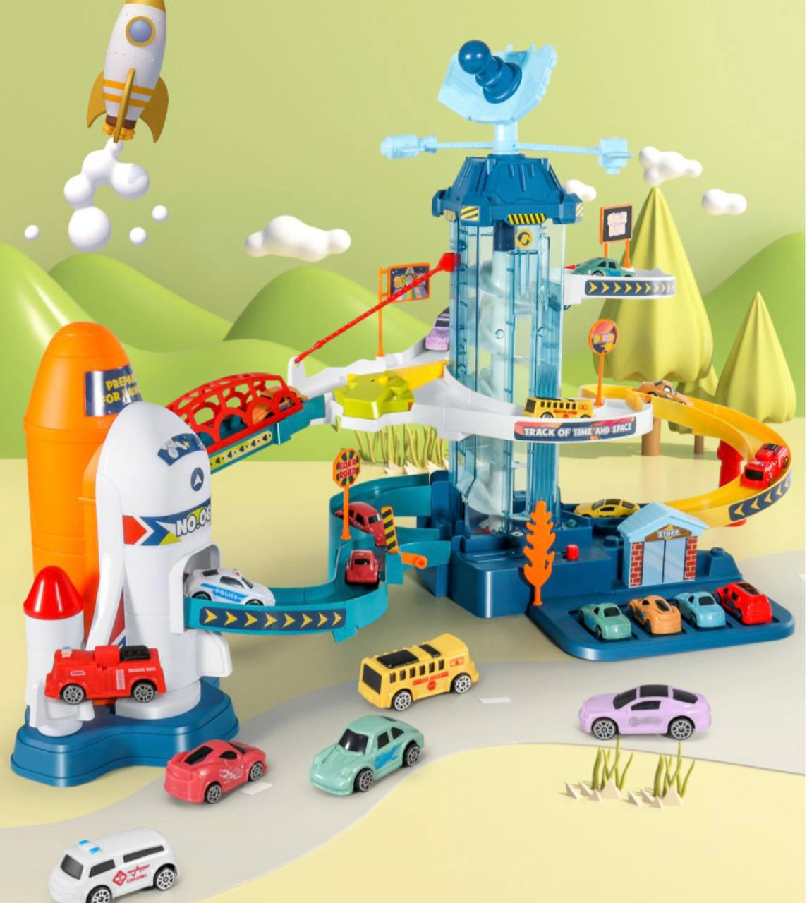 Дитячий музичний гараж для машинок 5507 А з автоматичним підйомником та підсвічуванням "Космічна станція", фото 1