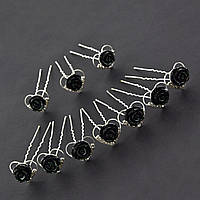 Шпилька для волос серебристая металлическая чёрная розочка 20 мм в стразах длина 6 см упаковка из 10 штук