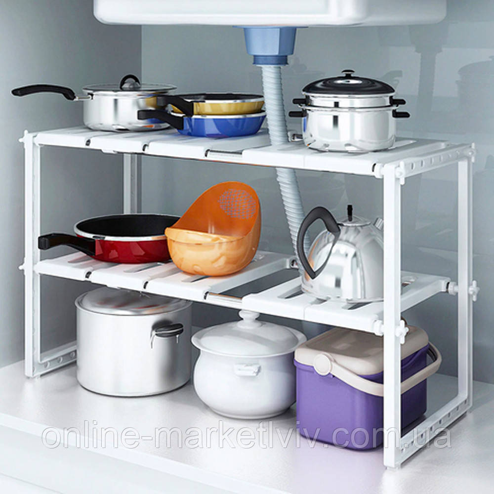 Регульована кухонна полиця, 38-70 см, KITCHEN RACK / Розсувний стелаж для зберігання посуду під раковину, фото 1