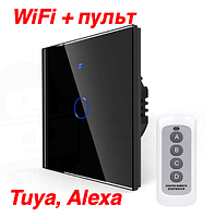WiFi выключатель 1 линия + пульт 433Mhz, Сенсорный черный Smart Home умный закаленое стекло,Tuya ванной кухни