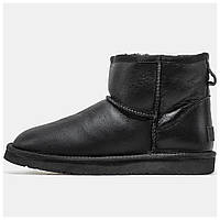 Чоловічі / жіночі зимові UGG Classic Mini Black Leather, унісекс чорні шкіряні уггі классік міні черевики угі зима