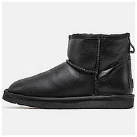 Мужские / женские зимние UGG Classic Mini Black Leather, унисекс черные кожаные угги классик мини ботинки уги