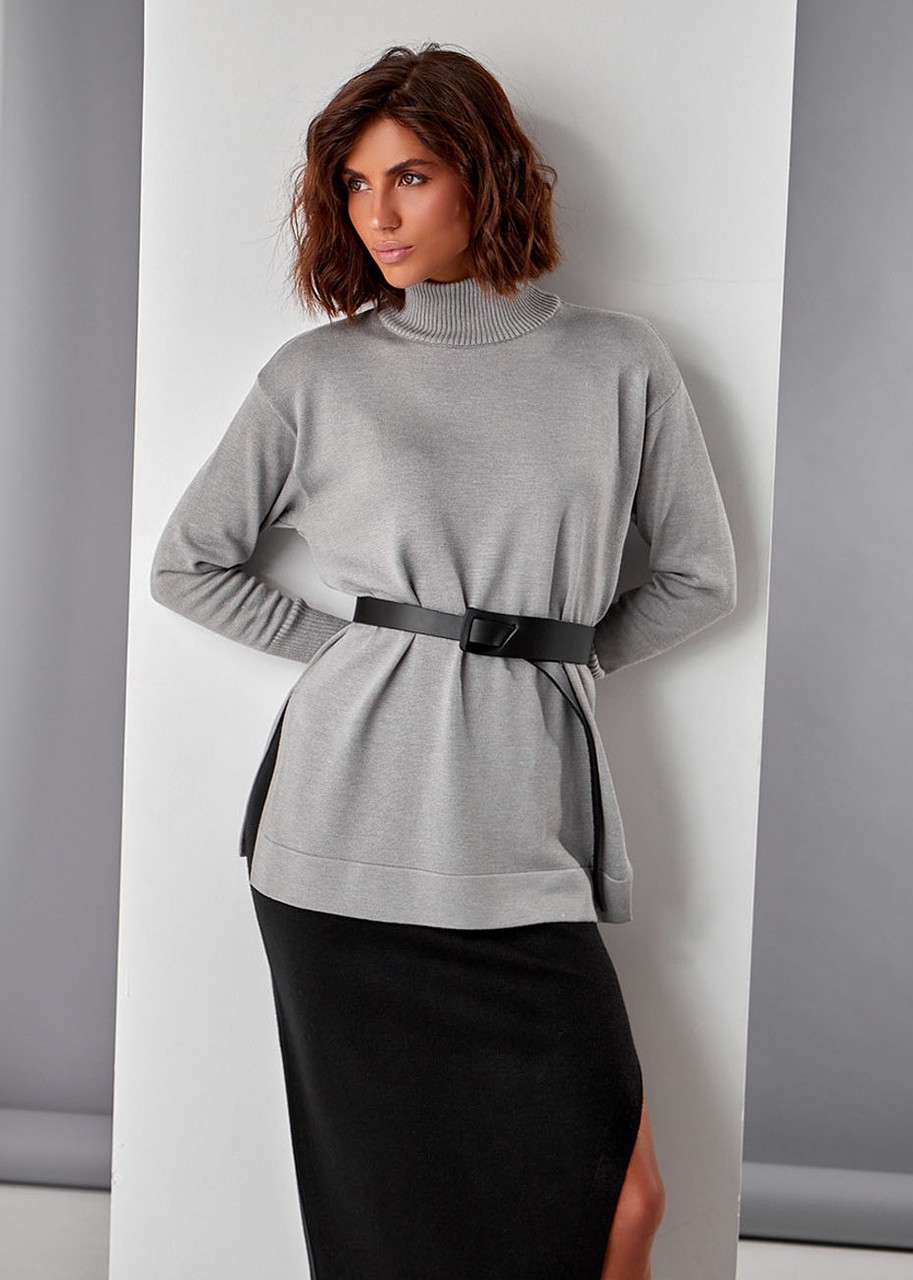 Подовжений вільний однотонний джемпер жіночий сірого кольору. Модель 2706 Trikobakh, фото 1