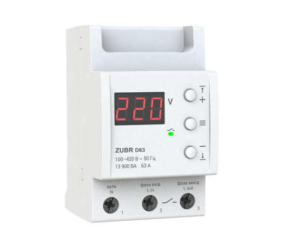 Захисне реле напруги однофазне D63 на DIN-рейку, 63А, 13900ВА, 120-280В, тримодульне з індикатором напруги (Червоний)