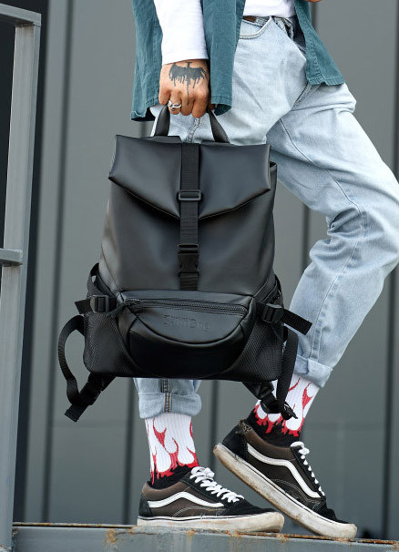 Підлітковий шкільний рюкзак роллтоп з екошкіри для хлопчика підлітка старшокласника 7 8 9 10 11 клас чорний ролл