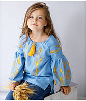 Молодежная симпатичная подростковая вышиванка для девочек с вышивкой колосков Голубая вышиванка на девочку 134
