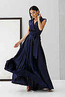 Шовкова сукня на запах у підлогу жіноча довга без рукава ошатна темно-синє