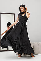 Черное шелковое платье на запах в пол женское длинное без рукава с поясом