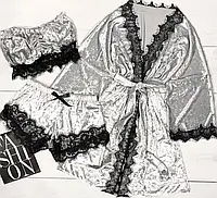 ВЫБОР ЦВЕТА Комплект пижамы женский велюровый тройка, халат и пижама с кружевом Серый