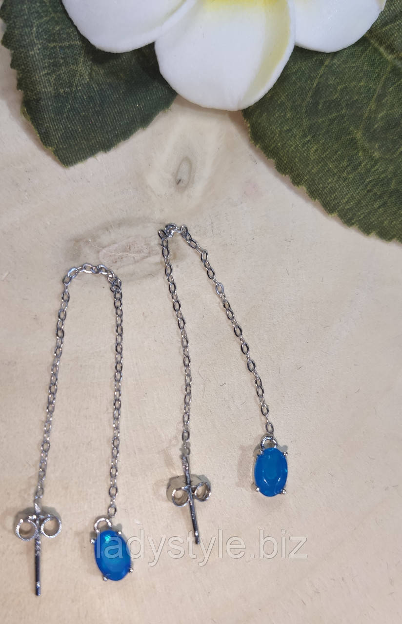 Серебряные серьги- протяжки с натуральным голубым опалом - фото 1 - id-p1928657988
