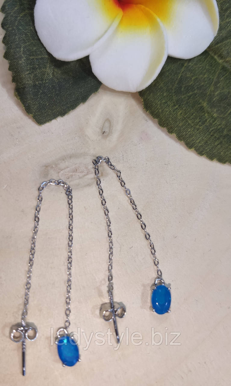 Серебряные серьги- протяжки с натуральным голубым опалом - фото 6 - id-p1928657988