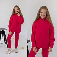 Теплий зимовий дитячий костюм на флісі худі та штани на дівчинку малиновий на зріст 86-158 см