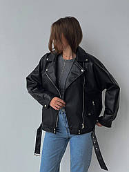 Шкіряна куртка косуха з ремінцем і відкладним коміром чорна (р. 42-46) 77011017