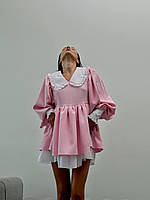 Платье с пышной юбкой с белым воротником и рукавами фонариками (р. 42-46) 5PL5392 Розовый