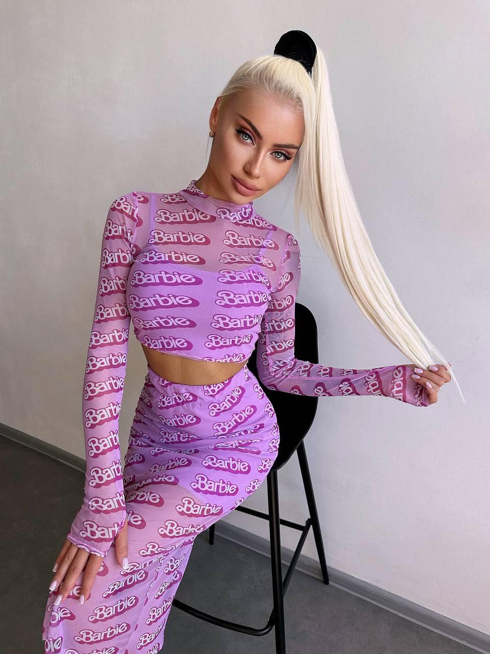 Принтований комплект у стилі Barbie топ із довгими рукавами та спідниця міді із сітки (р. S, M) 66103181Е