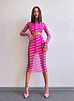 Принтованный комплект в стиле Barbie топ с длинными рукавами и юбка миди из сетки (р. S, M) 66KO3181Е Розовый,