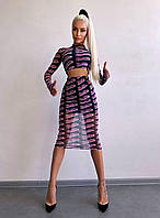 Принтованный комплект в стиле Barbie топ с длинными рукавами и юбка миди из сетки (р. S, M) 66KO3181Е Черный,