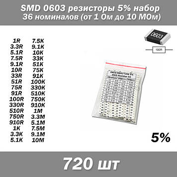 SMD 0603 резистори, набір 36 номіналів від 1 Ом до 10 МОм