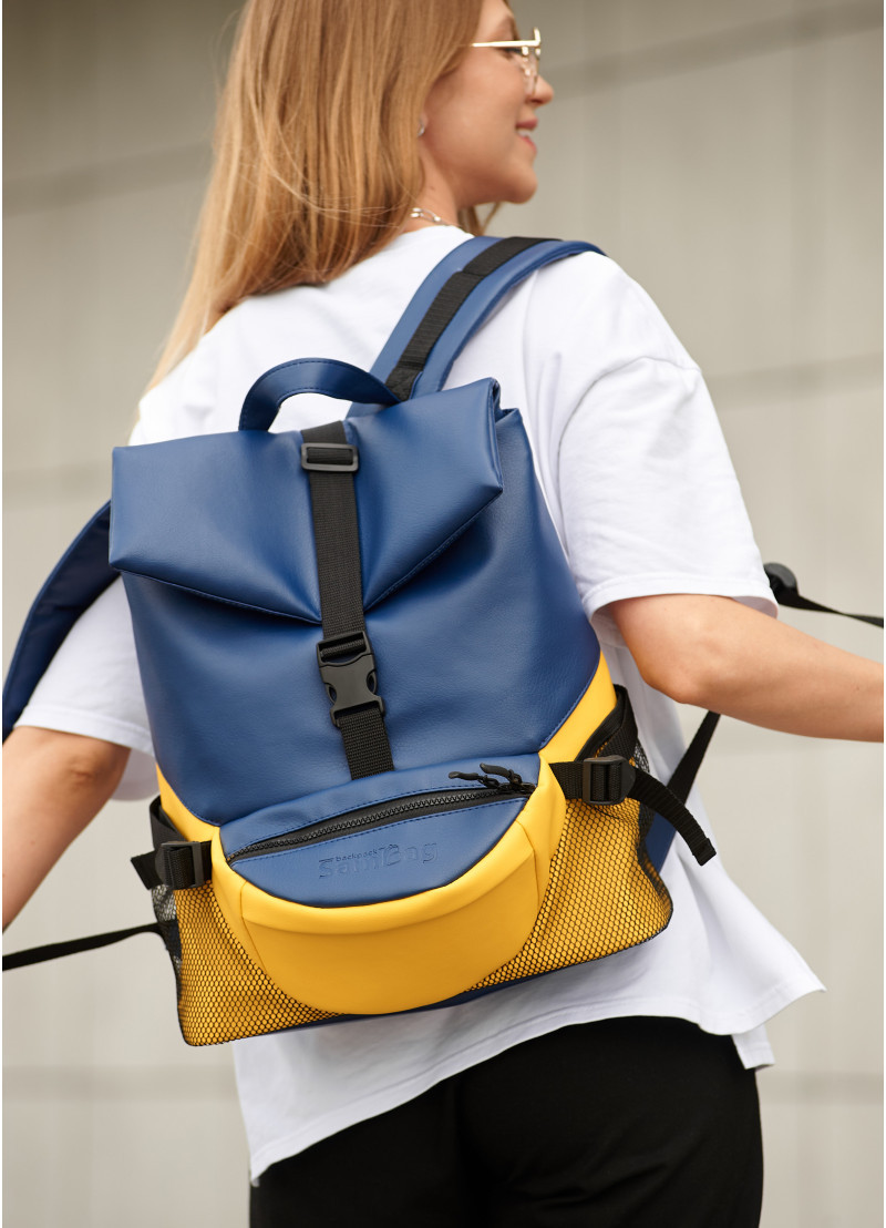 Жіночий підлітковий шкільний рюкзак для дівчинки підлітка, старшокласниці, студентки 7 8 9 10 11 клас жовто-синій роллтоп