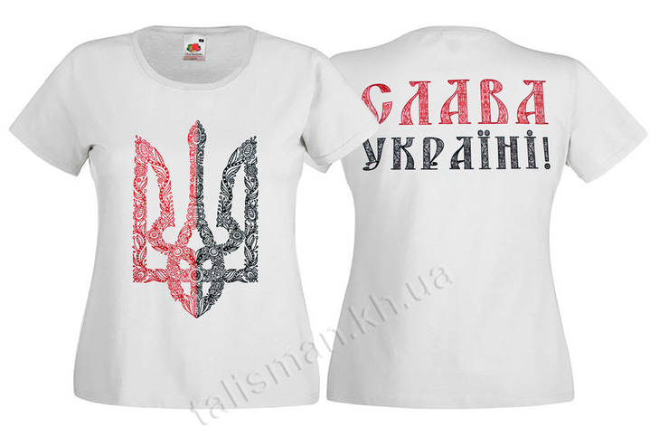 Футболка жіноча ТРИЗУБ (червоно-чорний у візерунках) біла, фото 2