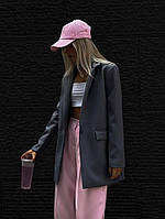 Стильный однотонный удлиненный женский пиджак на пуговицах (черный, барби, графит, белый) размер 42-44, 46-48 Графитовый, 42/44