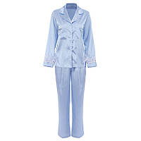 Пижама женская атласная с перьями. Комплект шелковый с длинным рукавом и штанами (голубой)