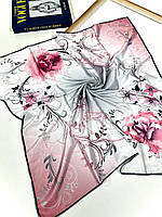 Шелковый платок Бона роза 90*90 см серый/розовый ручная обработка края