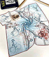 Шелковый платок Бона роза 90*90 см голубой ручная обработка края