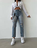 Женские джинсы мом рваные с потертостями на высокой посадке (р. XS-L) 9121034