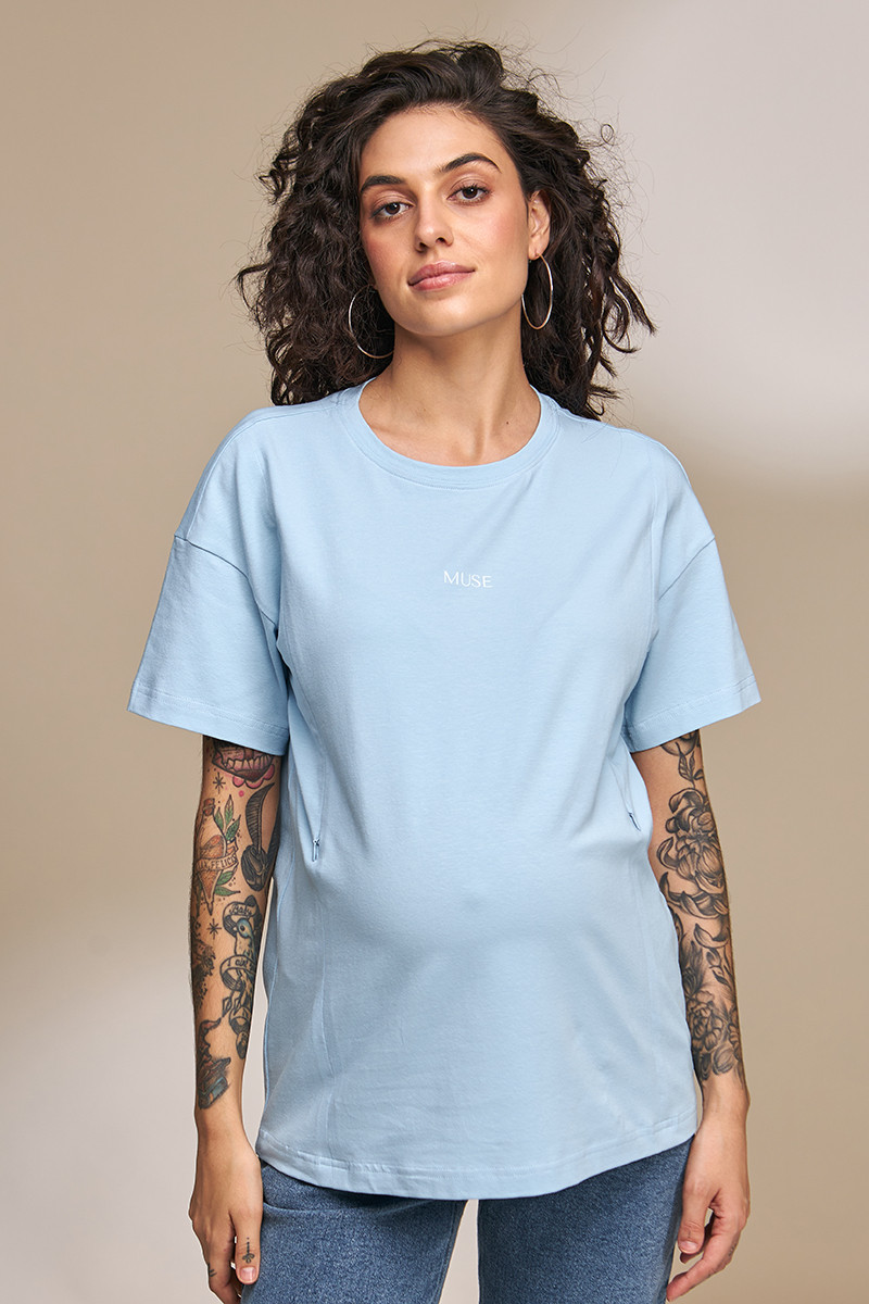 Стильна трикотажна футболка для вагітних та годування MUSE блакитна