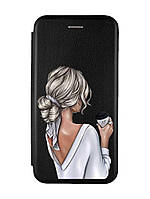 Чехол-книжка с рисунком на iPhone 7/8/SE 2020 :: Черный :: Девушка с латте (принт 227)