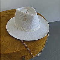 Летняя соломенная шляпа Федора с цепочкой, подвесками и булавкой Pearls Collection белая