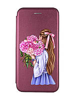 Чехол-книжка с рисунком на iPhone XR :: Бордовый :: Девушка с пионами (принт 11)