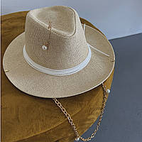 Летняя соломенная шляпа Федора с цепочкой, подвесками и булавкой Pearls Collection бежевая