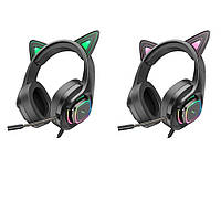 Ігрові дротові навушники Hoco W107 Cute Cat Ear RGB підсвічування, USB та Mini-Jack 3.5мм, з мікрофоном