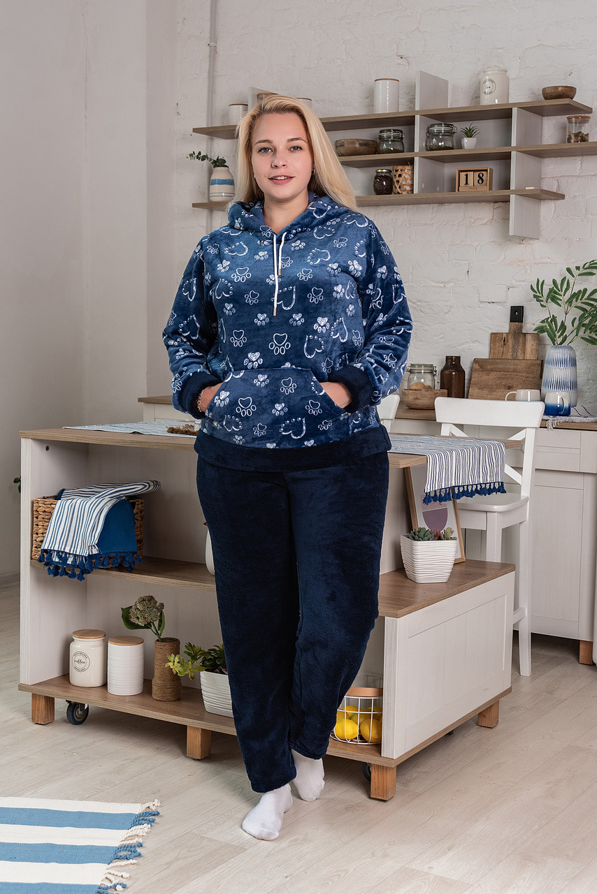 Купить Женский домашний теплый костюм худи и брюки, синяя махровая ...